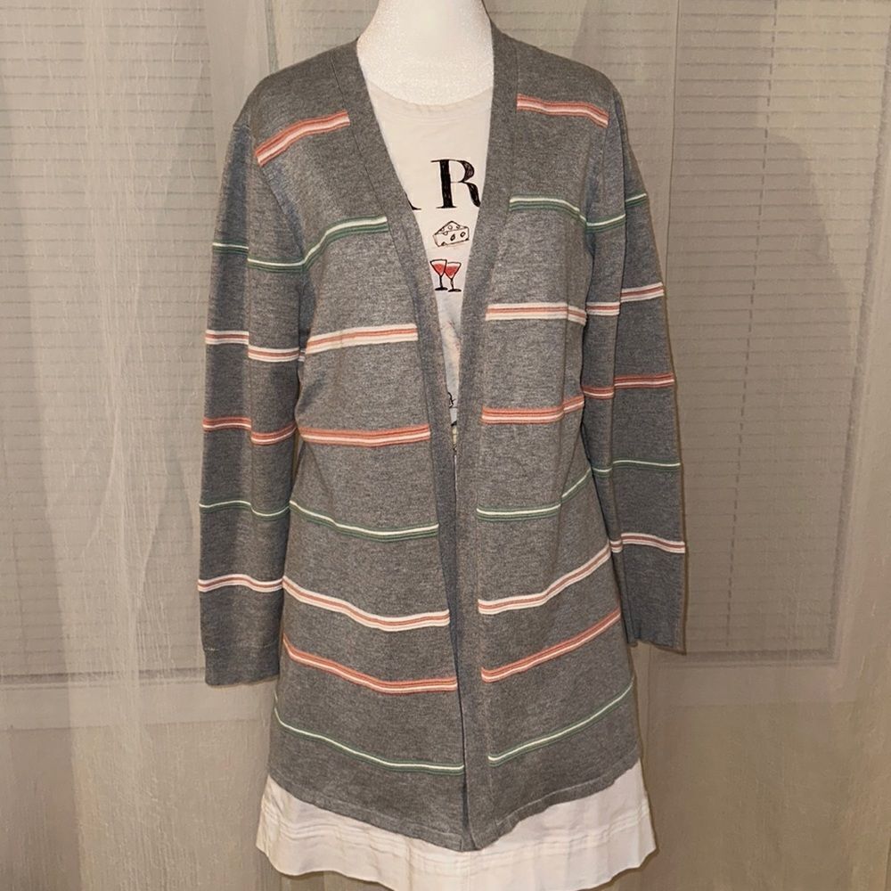 Christopher & Banks L Gray Ribbed Stripes Knit Open Front Long Cardigan